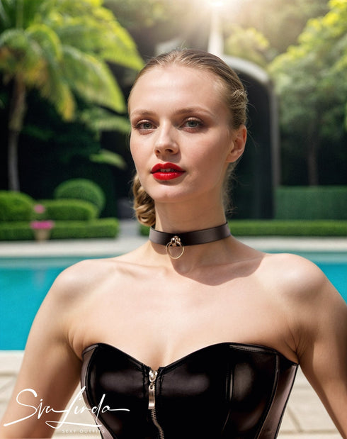 SiaLinda: Halsband echtes Leder schwarz mit großem Edelstahlring O - Ring 20mm, Geschenkverpackung - SiaLinda.com